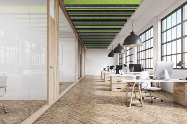 Image of green, blue and gray baffle ceilings