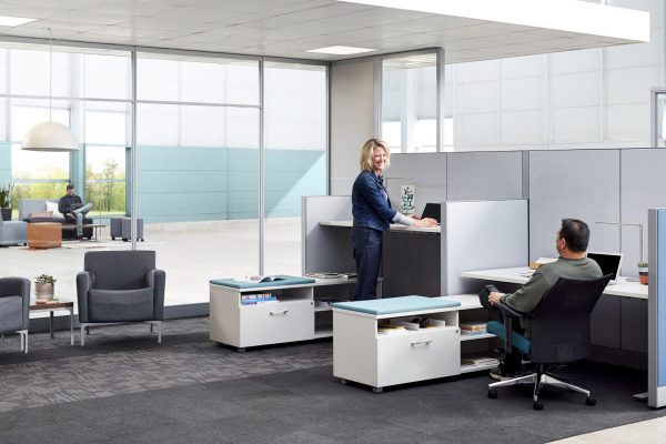 Image of architectural walls with 2 cubicles and height adjustable desks