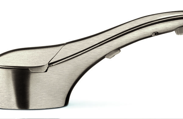 View of on the counter brushed Nickel soap dispenser