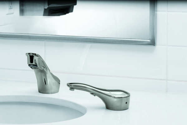 View of on the counter polished Nickel soap dispenser