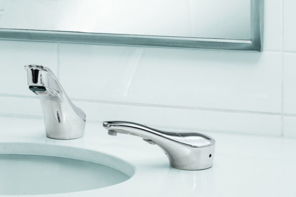 View of on the counter polished chrome soap dispenser